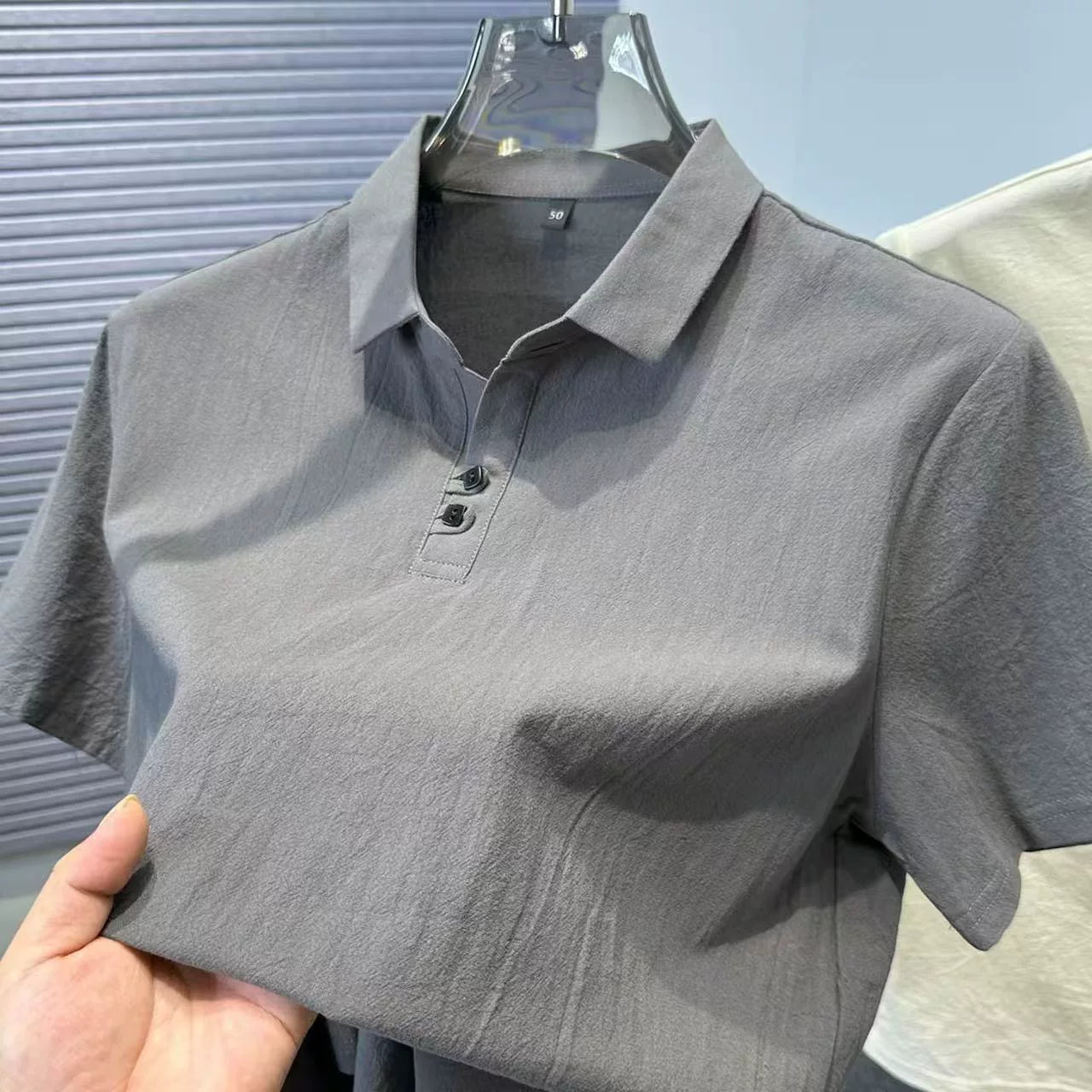 Pambıq və kətan retro imitasiya kətan düz rəngli polo köynək kişi qısaqol yay kişi boş yaxa köynək yarımqol zirvə moda paltar