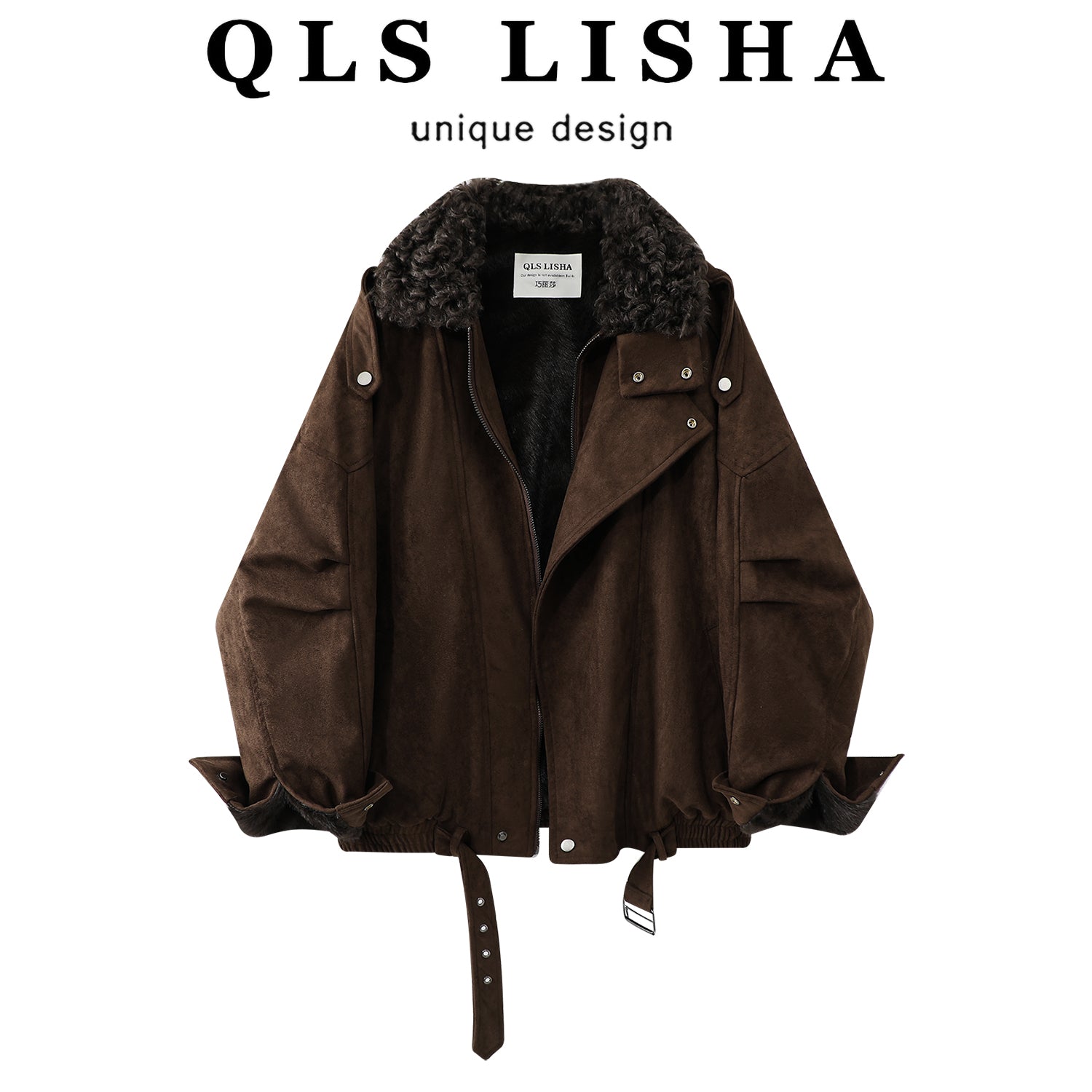 Chorlisa Qadın Payız/Qış Yeni Amerika Retro Üslublu Quzu Yunlu Yaxalıqlı Palto, Qalınlaşmış Yun və Zamşa Gödəkçə