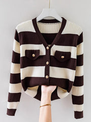Plus Size Women's V-Neck Striped Chanel Style Knit Top, Fall/Winter Loose Fit, Slimming, Fashionable Sweater