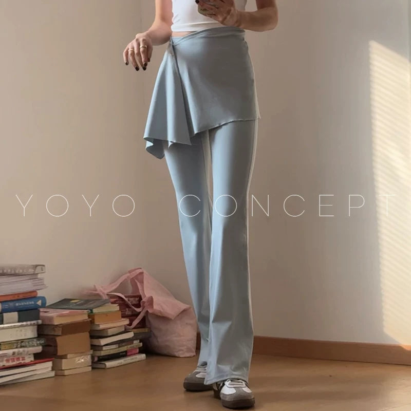 Yoyo yoqa şalvarları, saxta iki hissəli örtük ətəkləri, yeni yay göbəklərini qaldıran idman idmanı mikro alovlu geniş ayaqlı fitnes şalvarlarını tövsiyə edir