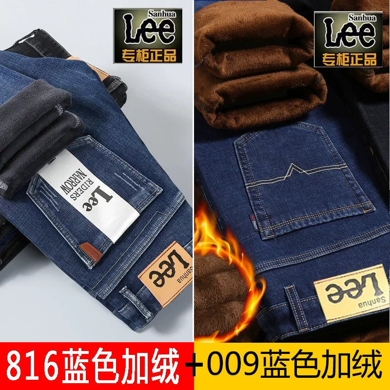 Payız/Qış üçün Kişilər üçün Qalın Yun Astarlı Cins Şalvar, İşgüzar Üslubda, Boş Formada, Düz Ayaqlı, Gündəlik, Uzun Şalvar, Elastik, Davamlı və Geyilməyə Davamlı