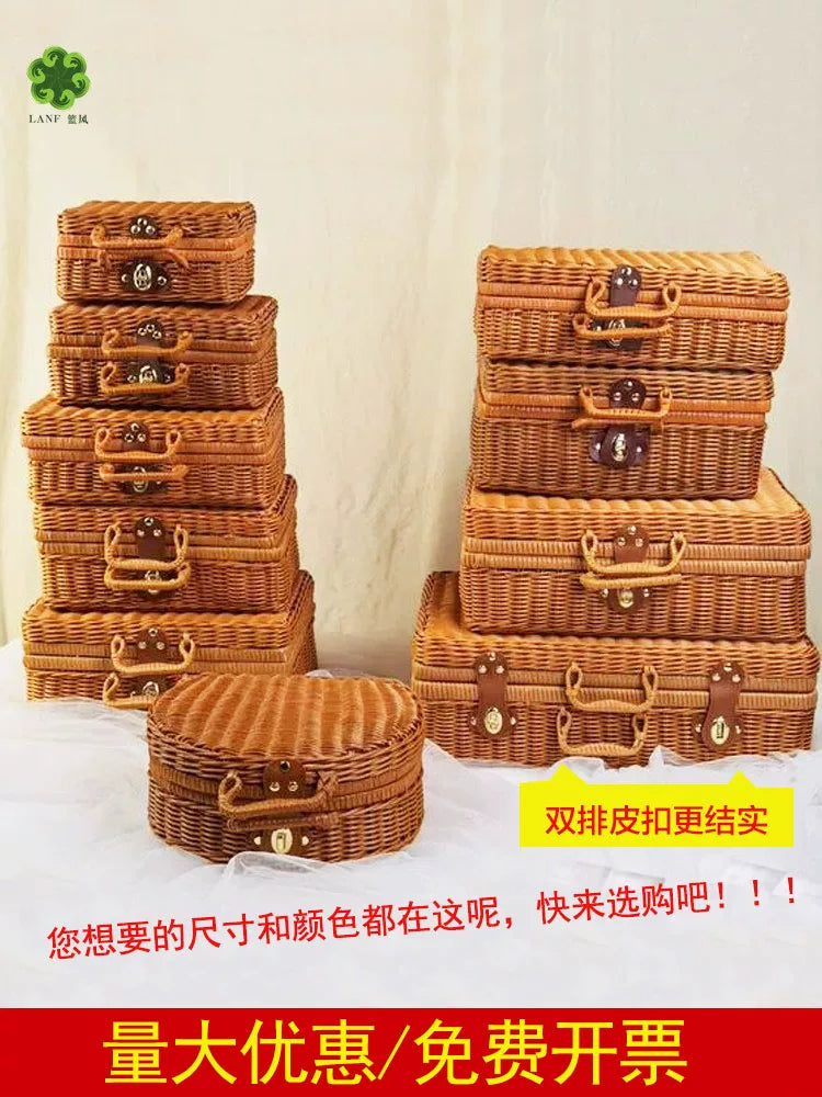Təqlid rattan çamadan Yeni il toyu toy müşayiəti hədiyyə qutusu əl ilə toxunmuş foto rekvizit böyük retro qutu
