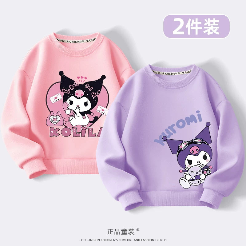 Kuromi Qızlar üçün Sweatshirt Payız/Qış 2024 Yeni Model Dəbli, Yun Astarlı Kürək Yaxalı Top Qızlar və Böyük Uşaqlar üçün