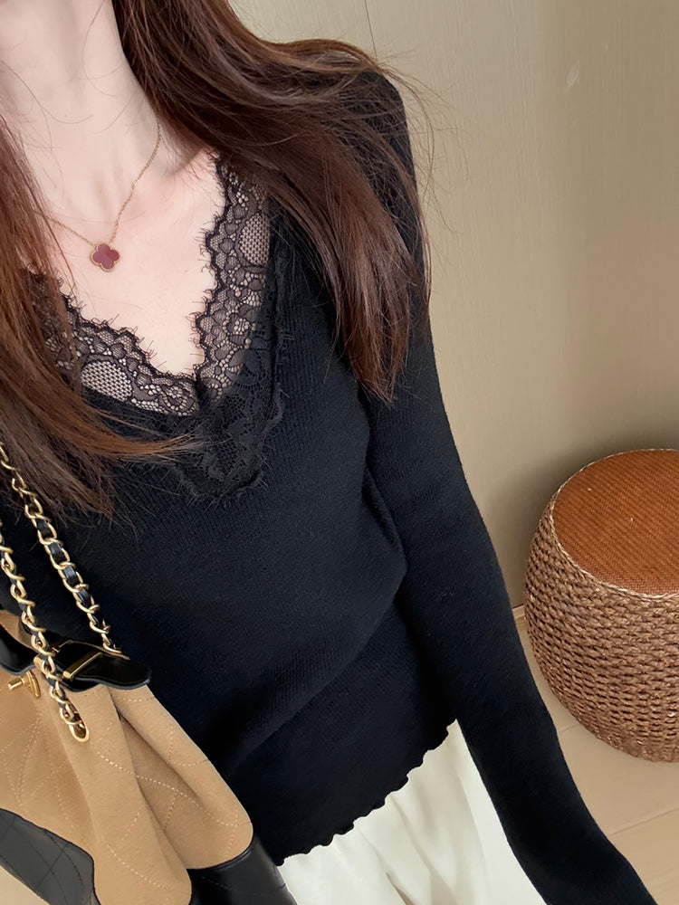 Qadınlar üçün sadə rəngli V-formalı krujeva əsas qatlı top, 2025 payız yeni Koreya üslubunda sadə üslublu daxili qatlı top.