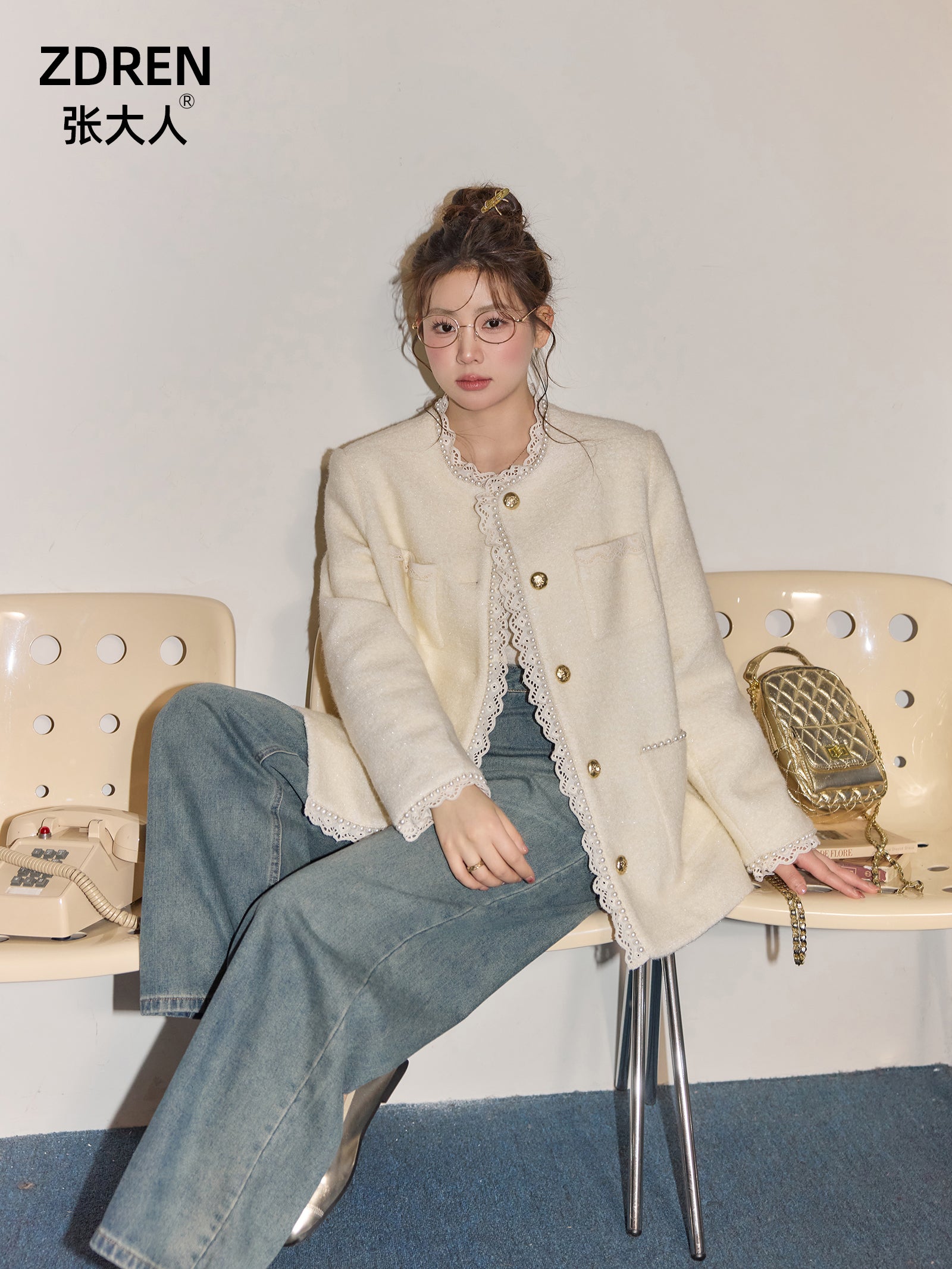 Zhang Daren Böyük Ölçülü Qadın Geyim Dəsti - Fransız Qəşəng Chanel Üslubunda Gödəkçə, Geniş Ayaqlı Şalvar və Cins Şalvar