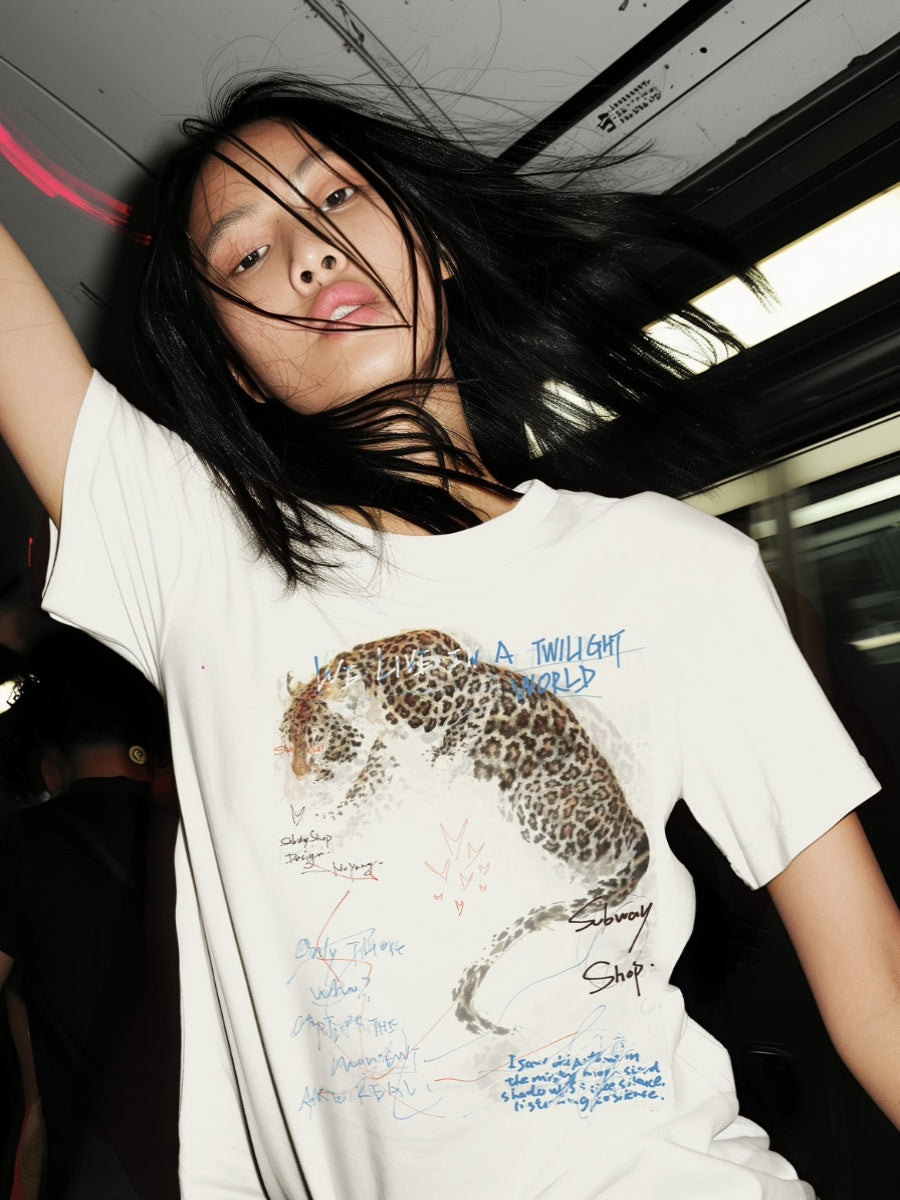 SUBWAYSHOP Orijinal Bəbir naxışlı futbolka, gündəlik və çoxfunksiyalı, boş yaxalı, uniseks