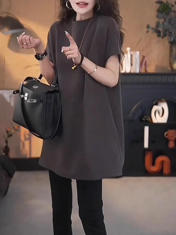 Avropa üslubunda böyük ölçülü qısaqol köynək, böyük ölçülü qadın geyimləri, 2026-cı il yayı, boş forma, orta uzunluqda, kök qızlar üçün yarıqlı top, qarnını gizlədir.