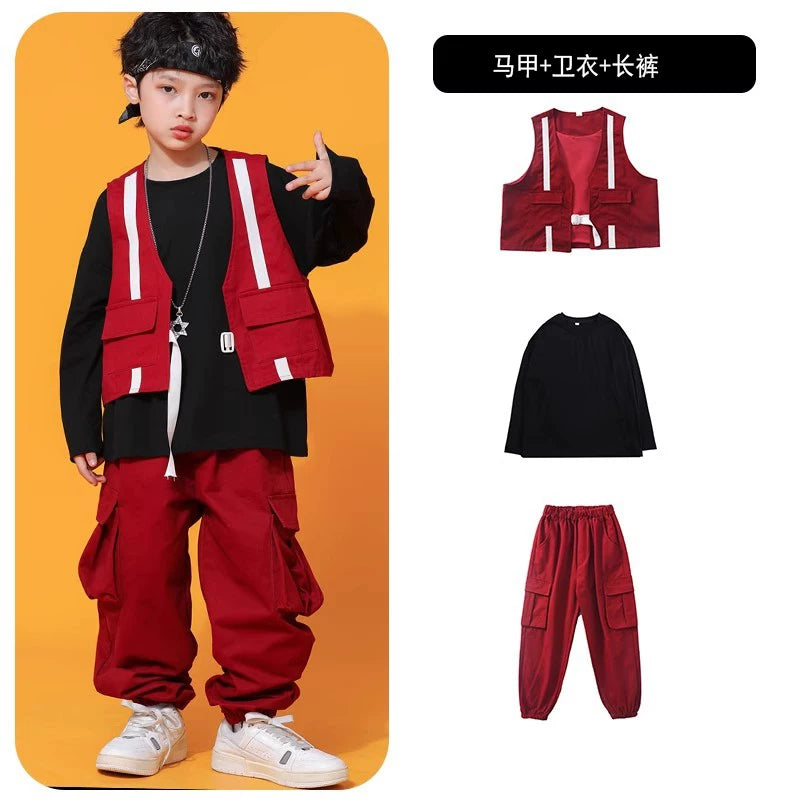 Küçə rəqsləri uşaqlar üçün dəbli, gözəl oğlanlar üçün hip-hop performansı jileti, üç hissəli hip-hop küçə performansı kostyumu.