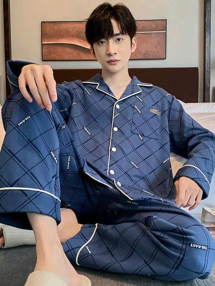 Langsha Kişilər üçün Təmiz Pambıq Pijama 2025 Yeni Yaz və Payız Nazik Uzunqollu Böyük Ölçülü Payız və Qış Kişilər üçün Ev Geyimləri Dəsti