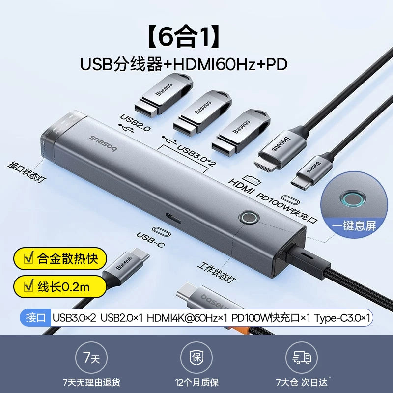 Baseus dok stansiyası Type-C-dən HDMI proyeksiyasına USB splitter adapter mərkəzi Kompüterlər, iPad-lər, noutbuklar, planşetlər və mobil telefonlar üçün Thunderbolt 4 çoxportlu Ethernet çeviricisi