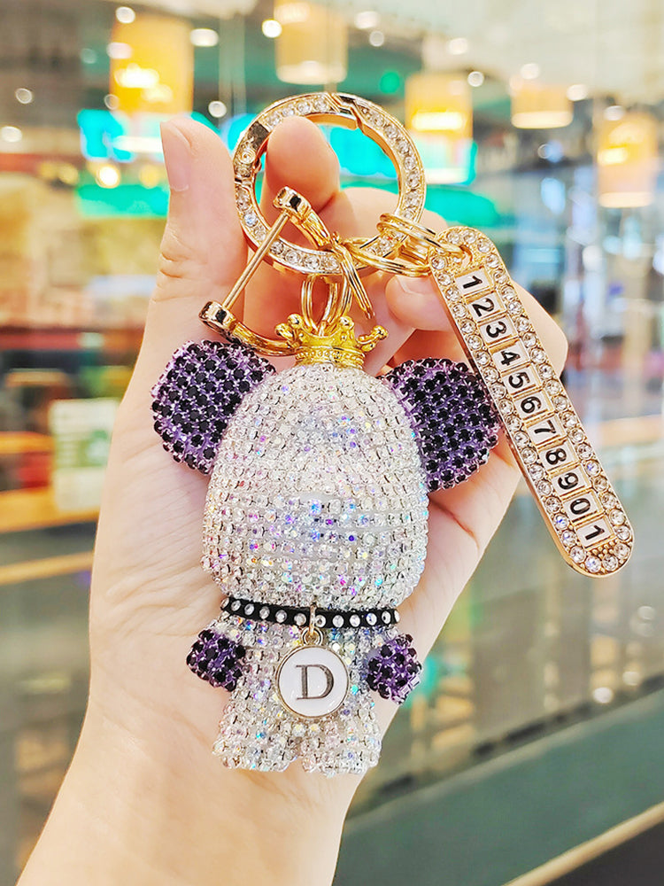 Cartoon full diamond bear-shaped car key chain, creative design, optional diamond-encrusted license plate pendant, anti-loss key chain gift.