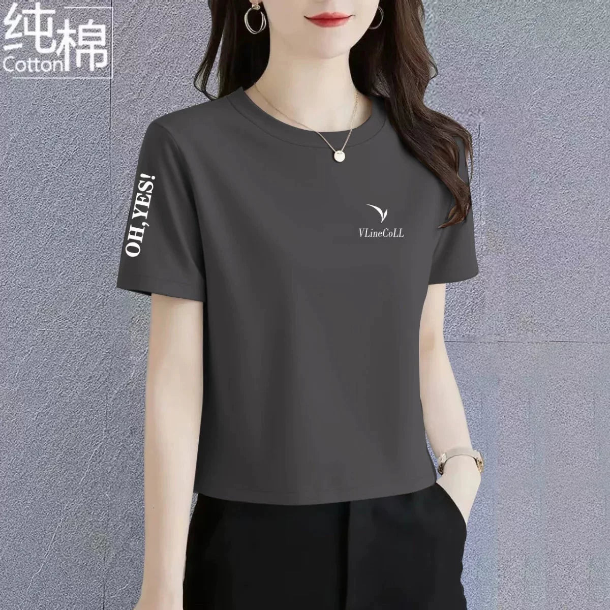 Yüksək keyfiyyətli təmiz pambıq qısaqol moda yeni çox yönlü yüksək belli boş yay arıqlayan qısa köynək top