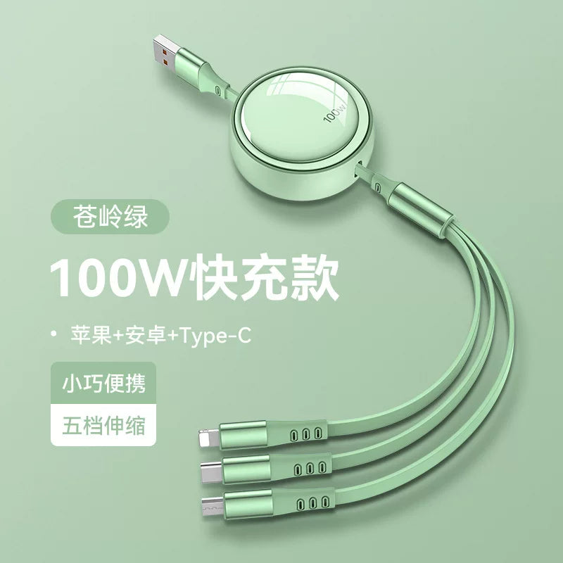 Avtomobil şarj cihazı, 100 Vt məlumat kabeli, super sürətli şarj, 3-ü 1-də geri çəkilə bilən kabel, Apple, Android və Type-C ilə uyğundur.