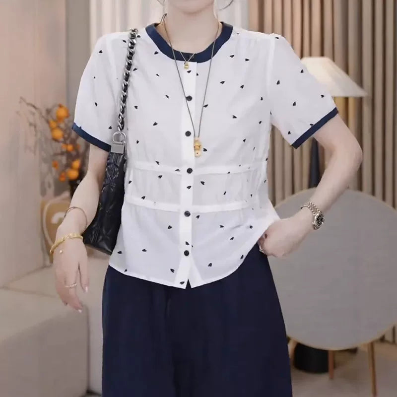 Böyük Ölçülü Qadın Geyimləri, 2026 Yay Yeni Stil, Dəbli, Zərif, Boş Formalı, Arıqladıcı Dəyirmi Yaxalı Qısa Qollu Köynək Topu