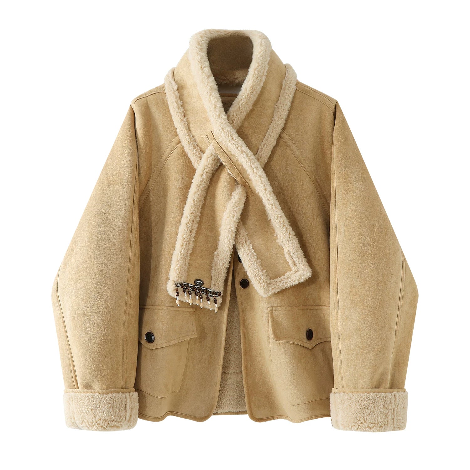 Chorlisa İsti Quzu Yunlu Dəri Gödəkçə Qadın Qış Yun Astarlı Qalın Gödəkçə Boş Motosiklet Zamşa Üst