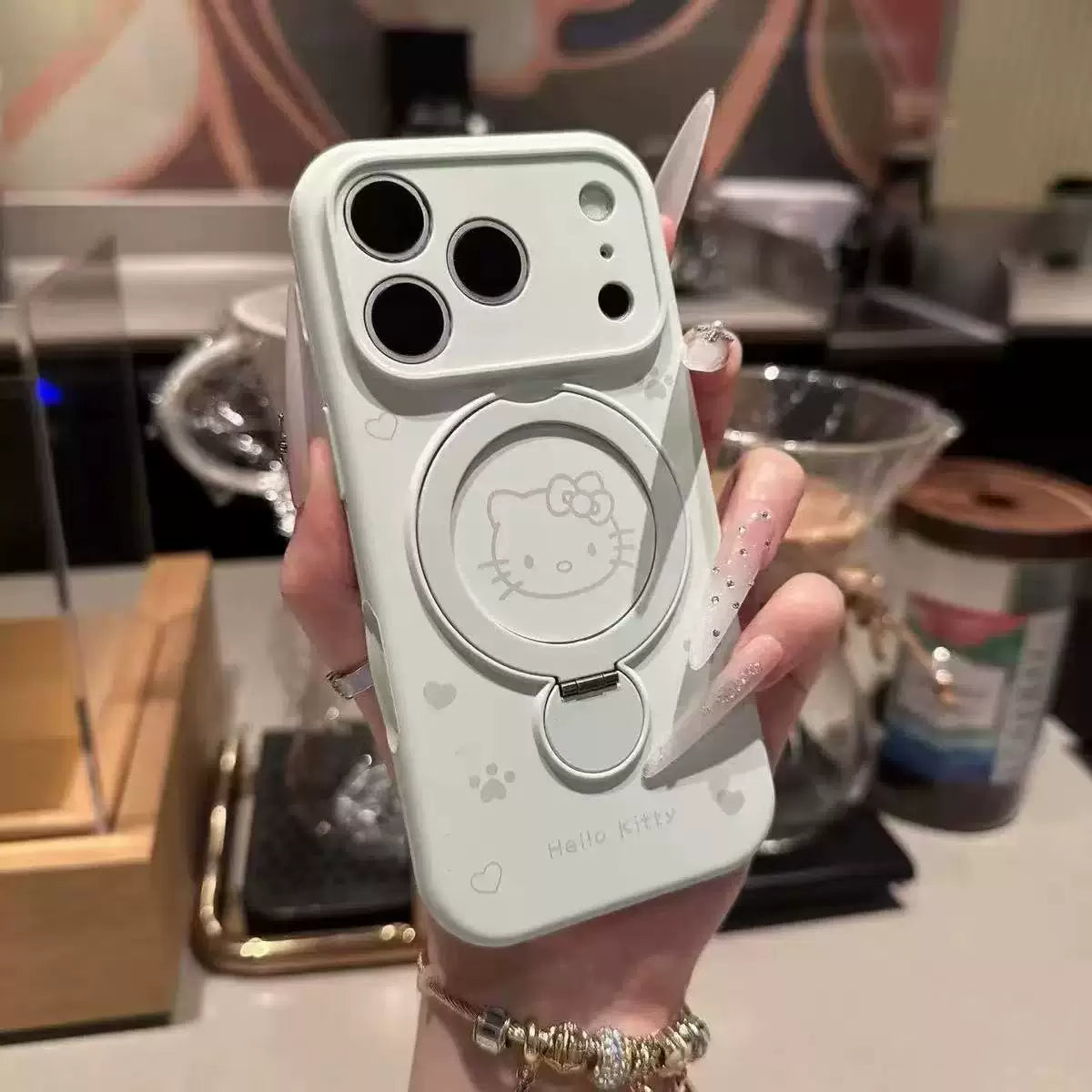 Apple 17Promax mobil telefon üçün uyğun Magsafe maqnit maye silikonu iPhone16Pro love Kitty cat 15Pro 360° fırlanan stend 14Pro yıxılmağa qarşı 13 qoruyucu örtük