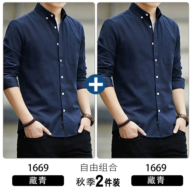 Kişilər üçün uzunqol köynək, gənclik üslubunda, boş forma, dəbli brend, yüksək səviyyəli Oksford parça, düz rəng, payız geyimi, gündəlik üst geyim.