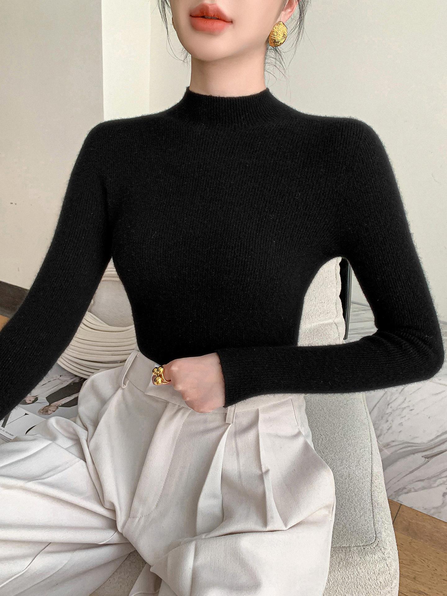 Qadınlar üçün yüksək keyfiyyətli yun sviter, hündür yaxalı, incə bədən quruluşlu, laylı-laylı, payız və qış üçün ideal, yeni model, qalın və çoxfunksiyalı toxunma sviter