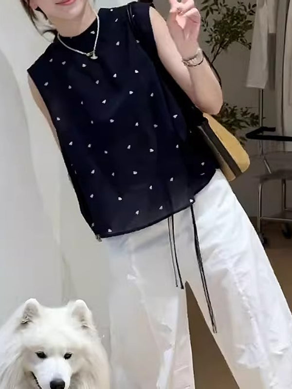 Böyük Ölçülü Qadınlar üçün Koreya Üslubunda Arxa Qalstuk Polka Nöqtəli Köynək Jilet Yay Yeni Üslubunda Boş Uyğunluqlu Arıqladıcı Qolsuz Top