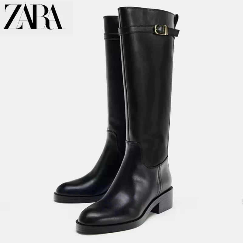ZA2025 New Autumn/Winter Women's Boots, High Thick Heel Riding Boots, Women's Martin Boots, High Chunky Heel, Round Toe, Flat Boots