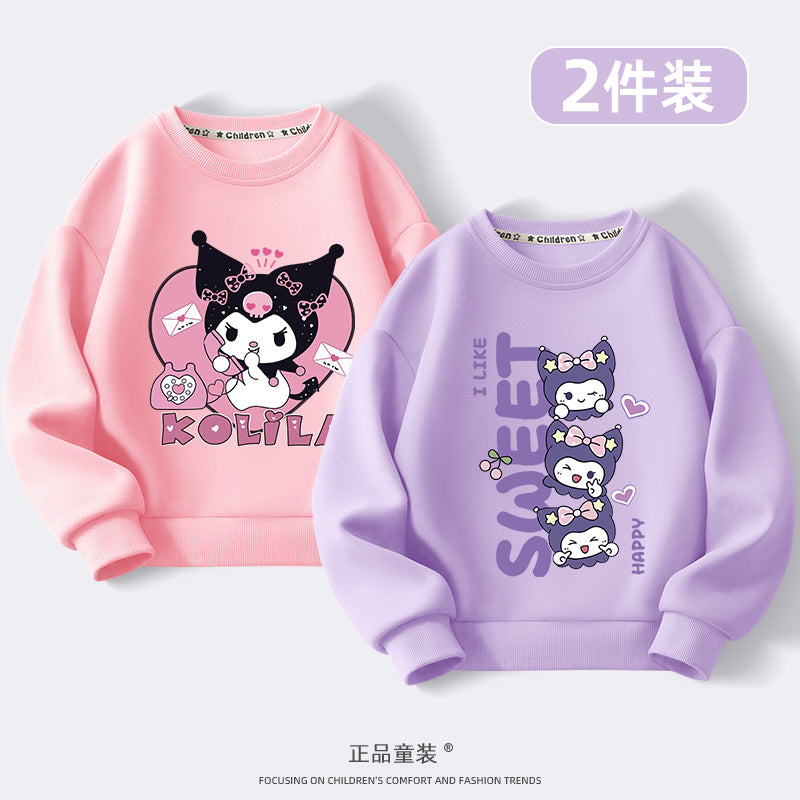 Kuromi Qızlar üçün Sweatshirt Payız/Qış 2024 Yeni Model Dəbli, Yun Astarlı Kürək Yaxalı Top Qızlar və Böyük Uşaqlar üçün