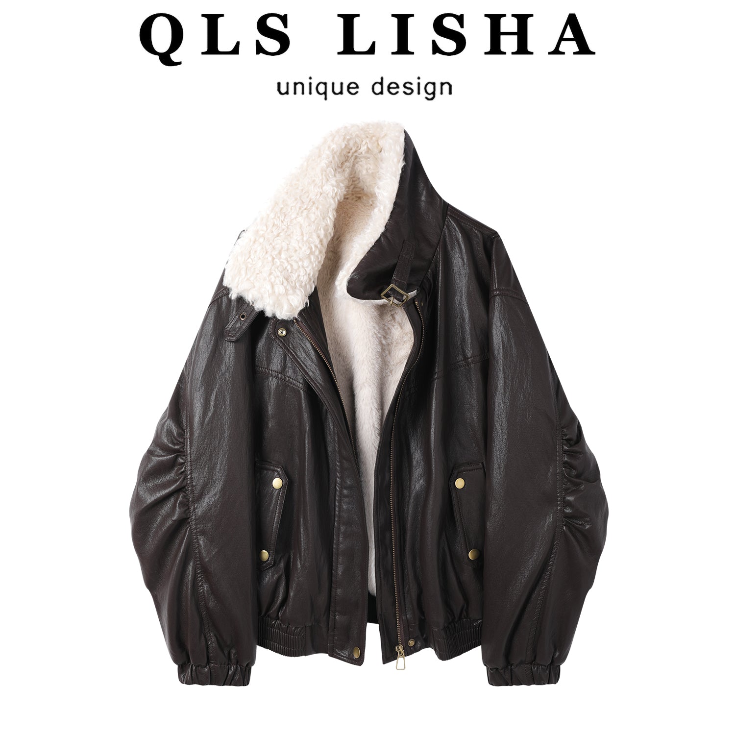 Chorlisa-nın qadınlar üçün zərif retro üslublu yamaqlı quzu yunundan payız/qış yaxalıq dəri gödəkçəsi/motosiklet paltosu.