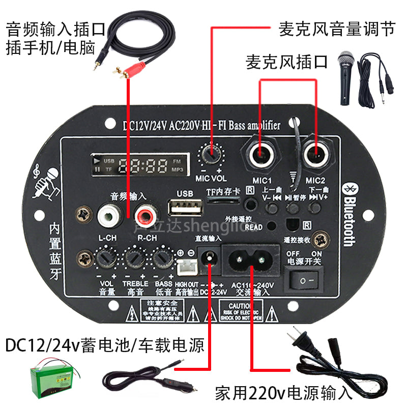 12v24v220v yüksək güclü Bluetooth sabvufer gücləndirici lövhəsi kvadrat rəqs dinamiki gücləndirici modulu mikrofon gücləndiricisi