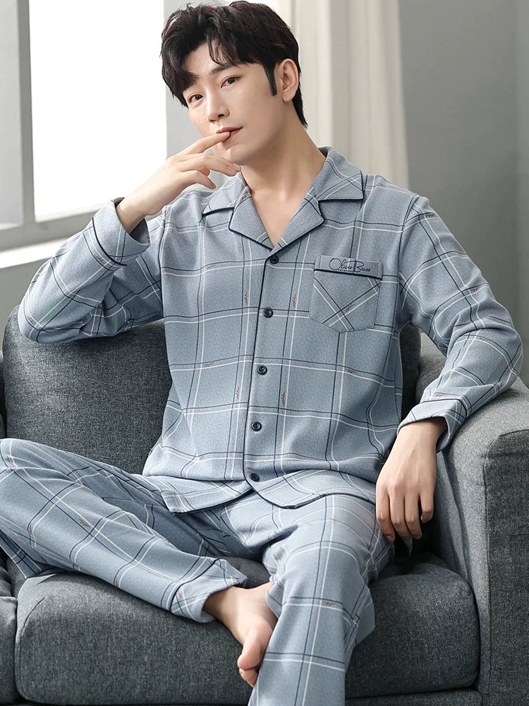 Langsha Kişilər üçün Təmiz Pambıq Pijama 2025 Yeni Yaz və Payız Nazik Uzunqollu Böyük Ölçülü Payız və Qış Kişilər üçün Ev Geyimləri Dəsti