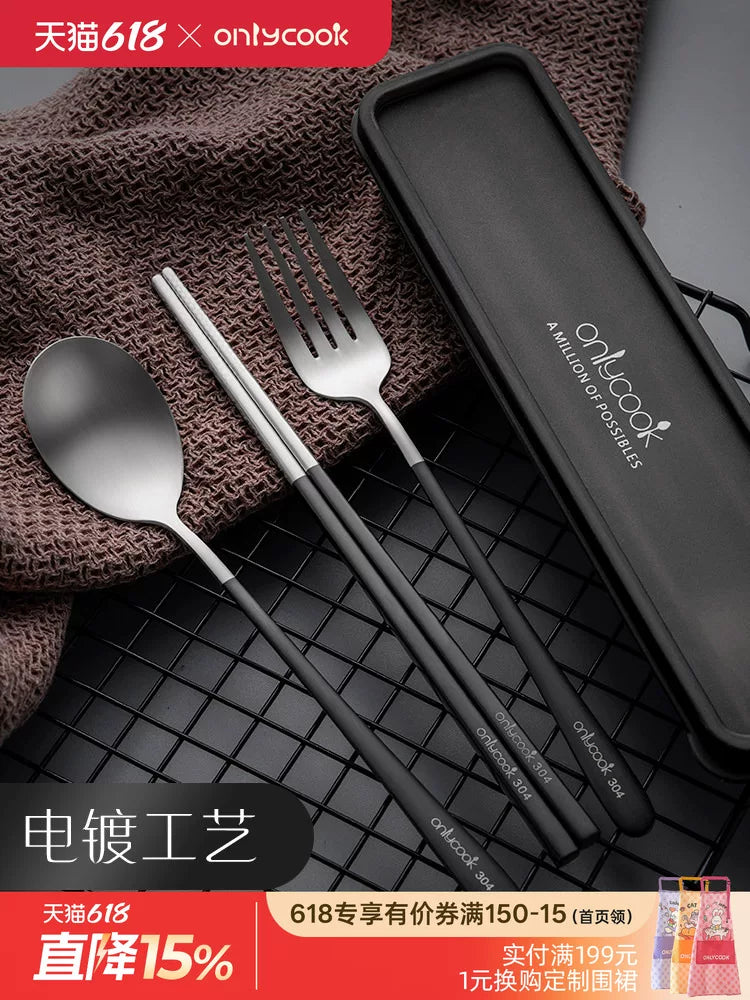 onlycook portativ süfrə üç hissəli dəst paslanmayan poladdan hazırlanmış yemək çubuqları və qaşıq dəsti saxlama qutusu tələbə yemək çubuqları qaşıq çəngəl