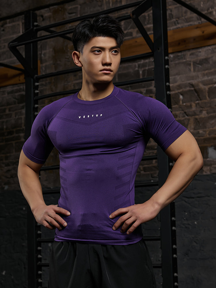 Vest Up Amerika slim fit tikişsiz fitnes qısaqol kişi teksturalı qısaqol yüksək elastik qırış əleyhinə tayt kişi köynəyi