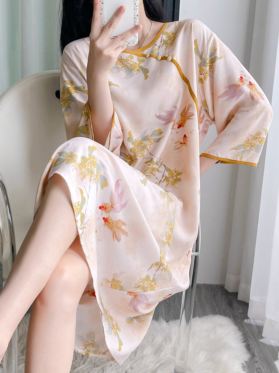 Pambıq ipək pijama qadın yay orta qollu gecə paltarı böyük ölçülü süni pambıq ipək yeni Çin üslubunda nazik boş ev geyimi uzun yubka