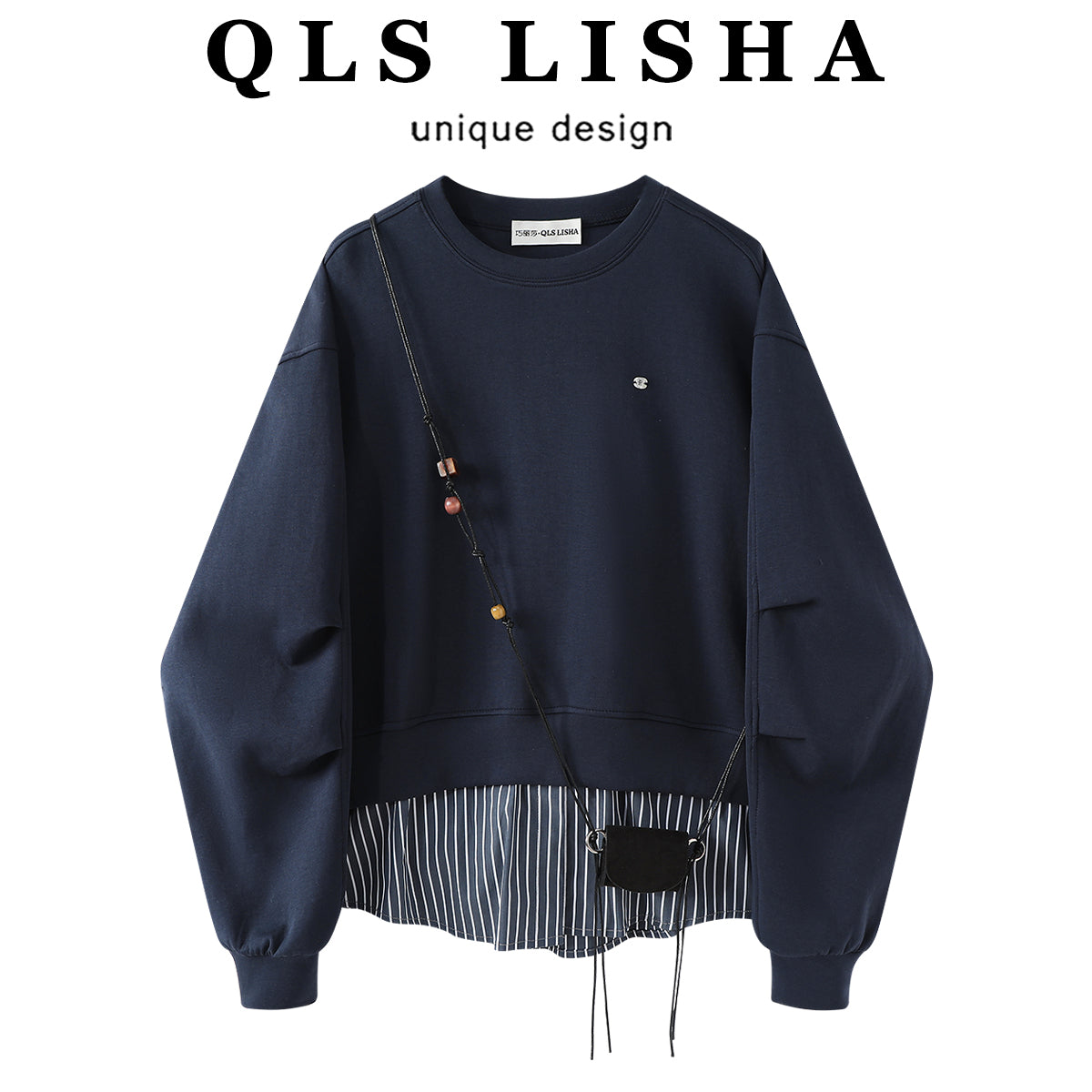 Chorissa Tünd Göy Süni İki Parçalı Kruvaziyer Yaxalı Qadın Sviter, Yaz və Payız, Amerika Retro Stil, Rəngli Zolaqlı Top