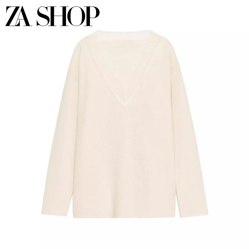 2025 Qış Yeni Gəliş Qadın Gündəlik Qarışıq Boş Sviter Uzun Qollu V-Yaxalı Krujeva ilə Bükülmüş Trikotaj Geyim 5755125