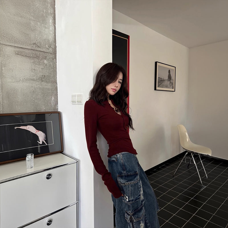 İncə Fit Uzun Qollu Futbolka Qadınlar üçün 2026 Yeni Model, Çiyinləri Müəyyən Edən Futbolka, Bir Az Qalın, Erkən Payız Daxili Qatlı Köynək, Ankera Qırmızı Top