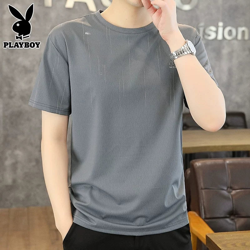 Playboy buz ipək qısaqol kişi köynəyi yeni nəfəs ala bilən tut ipək yarımqol dəyirmi boyun boş top