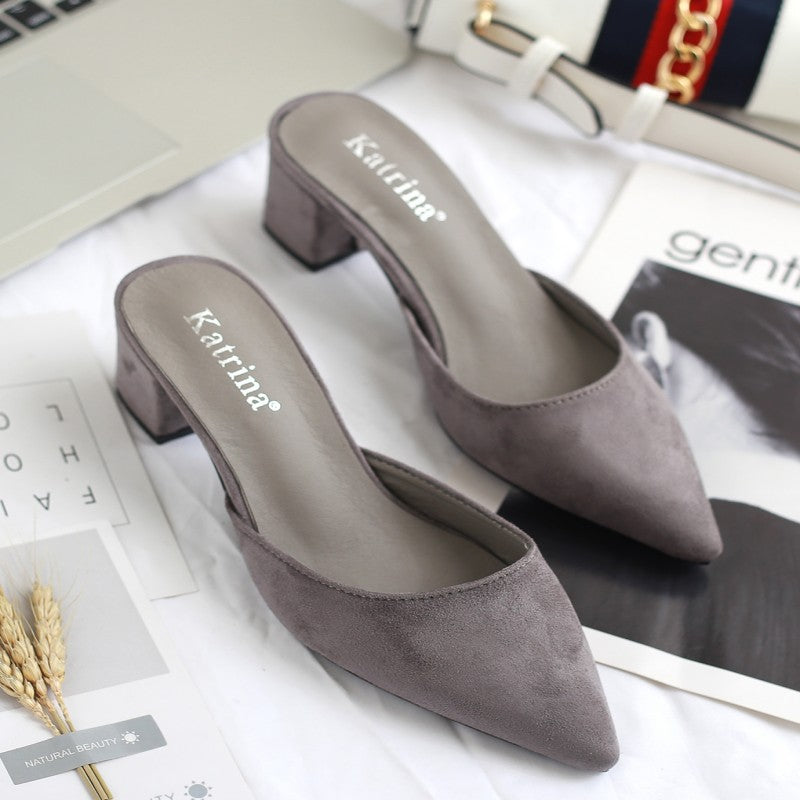 2025 Spring New Arrival Korean Style Pointed Toe Thick Heel Women's Half Mules, Fashionable and Multifunctional Fitting Room High Heel Slip-on Loafers