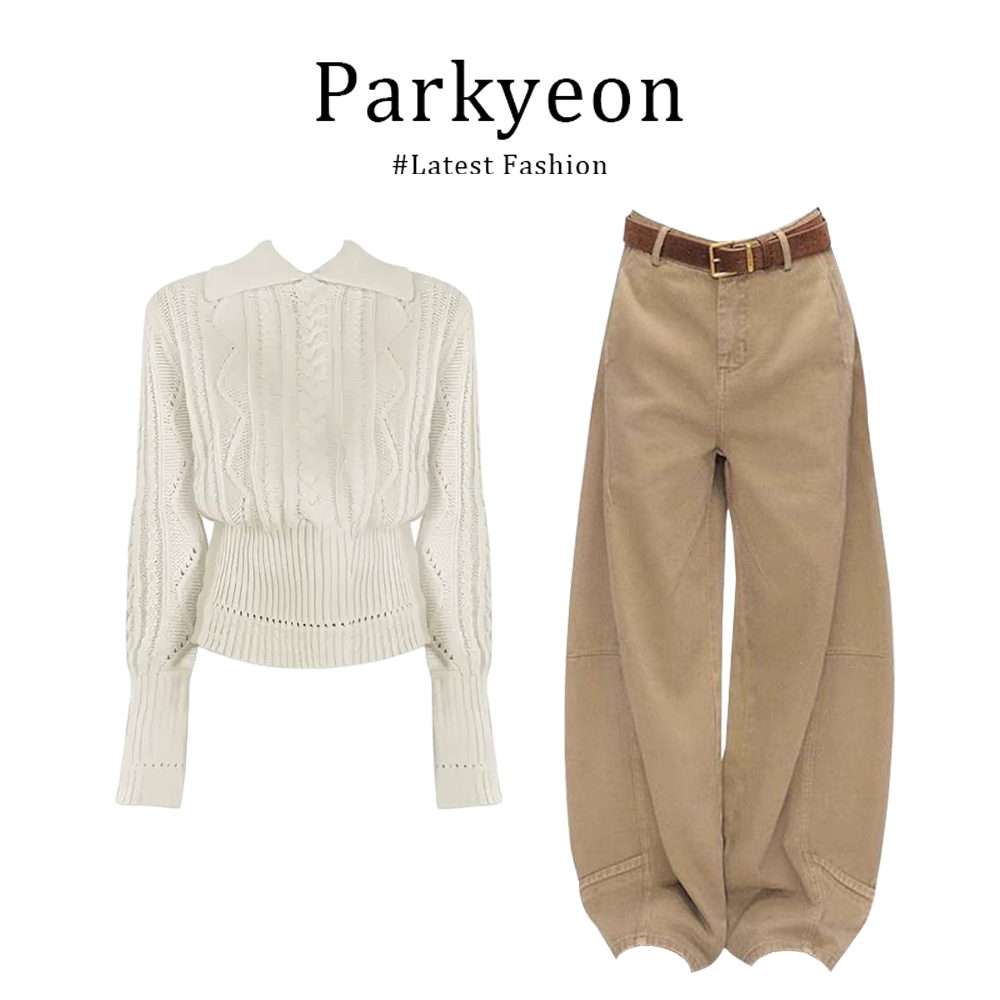 Parkyeon Korean style high-quality collar hollow long-sleeved knitted shirt and cargo straight-leg casual pants two-piece set