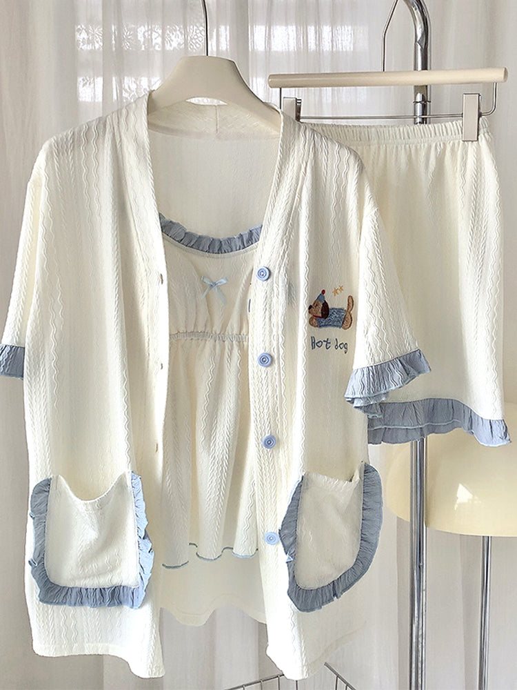 Qadınlar üçün asma üç parçalı pijama döş yastıqları ilə yay təmiz pambıq qısaqol şort ev geyimi qadın nazik 2026 yeni stil