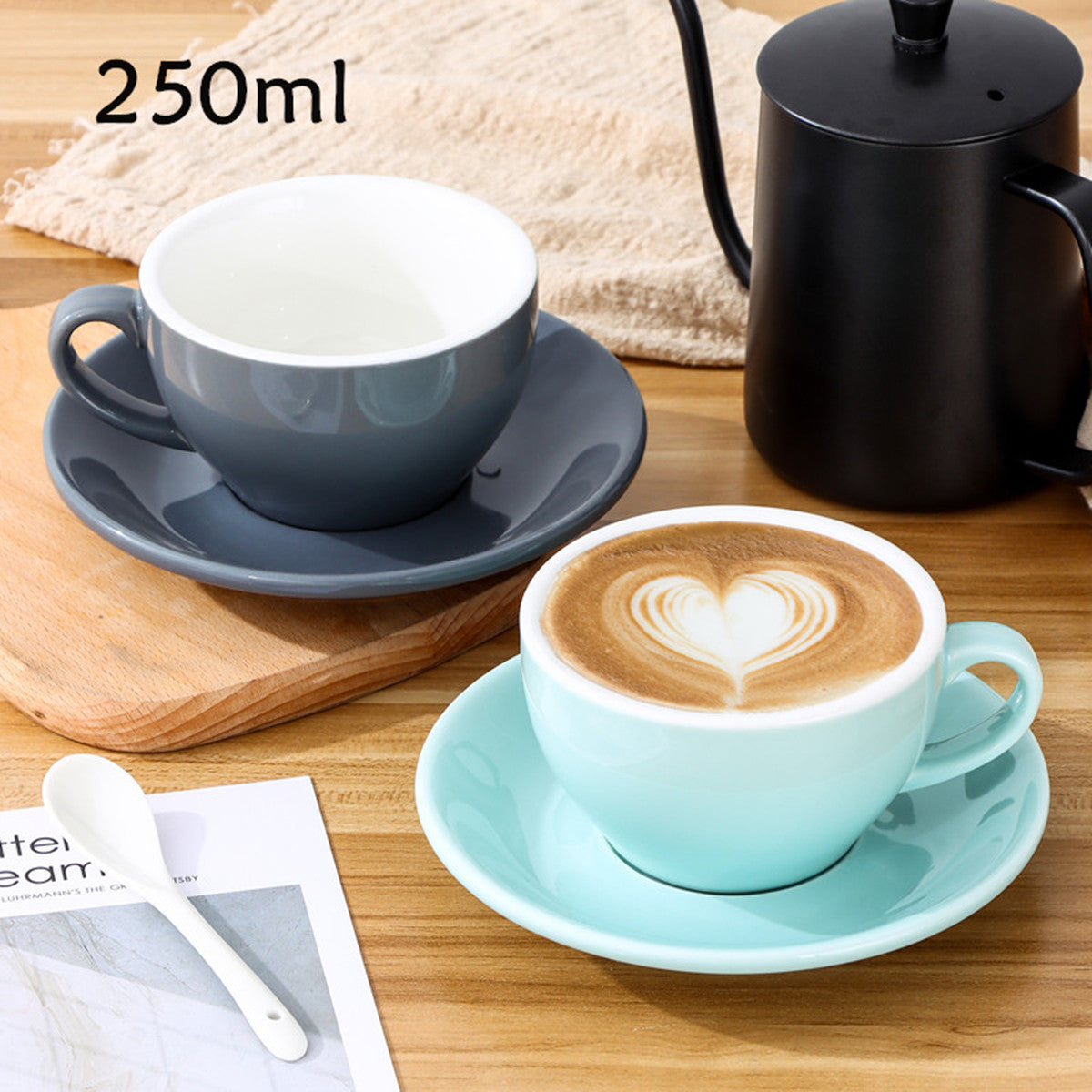 Sadə və kreativ latte sənəti qəhvə fincanı, böyük ağız kapuçino lattesi, İtalyan qəhvə fincanı və nəlbəki dəsti 250ml