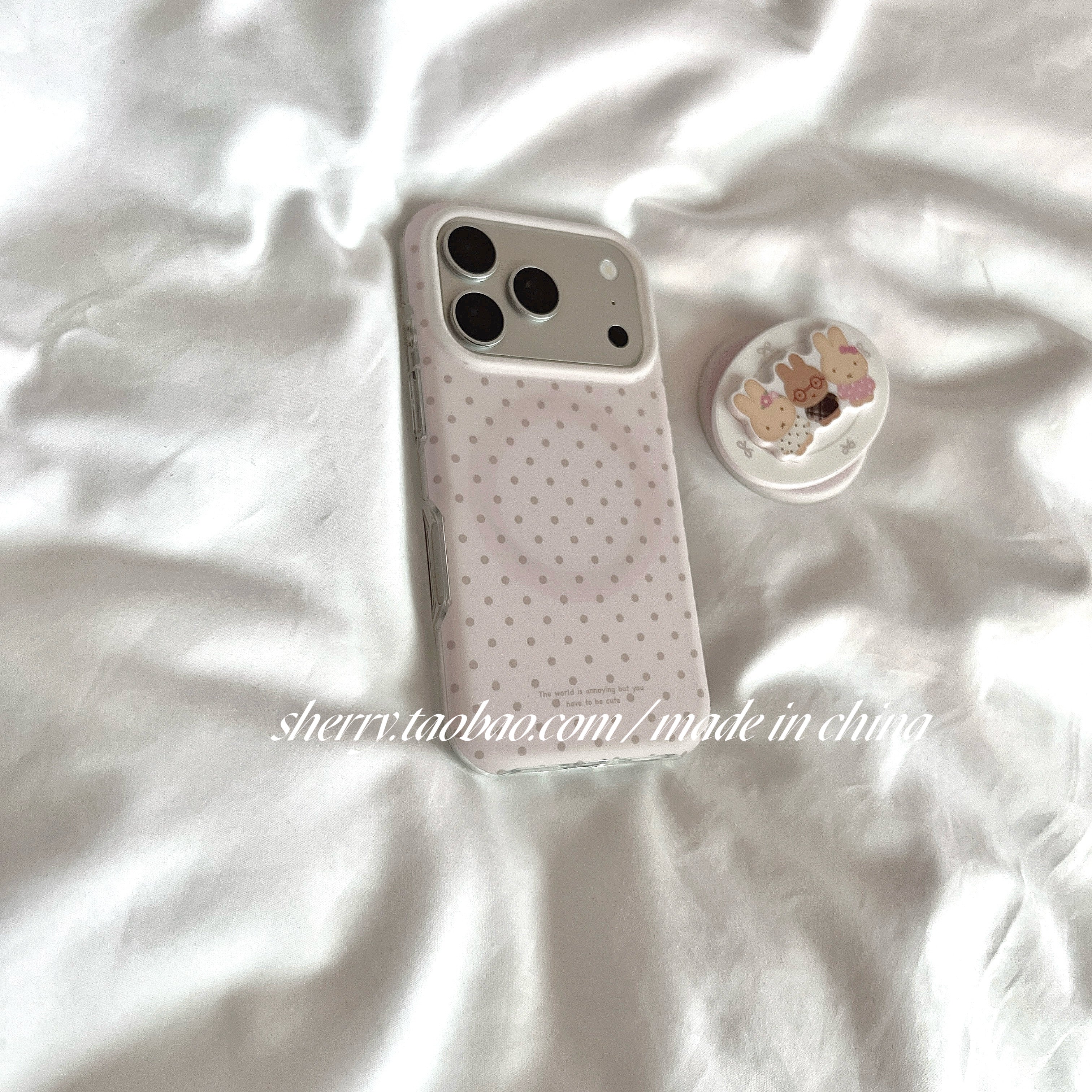 SHERRY*ins külək çəhrayı dəri hiss edən polka nöqtəli maqnit dovşan Apple 17ProMax mobil telefon qutusu iPhone16Pro niş qız ürəyi 15 sadə 14 kiçik təzə cizgi filmi sevimli