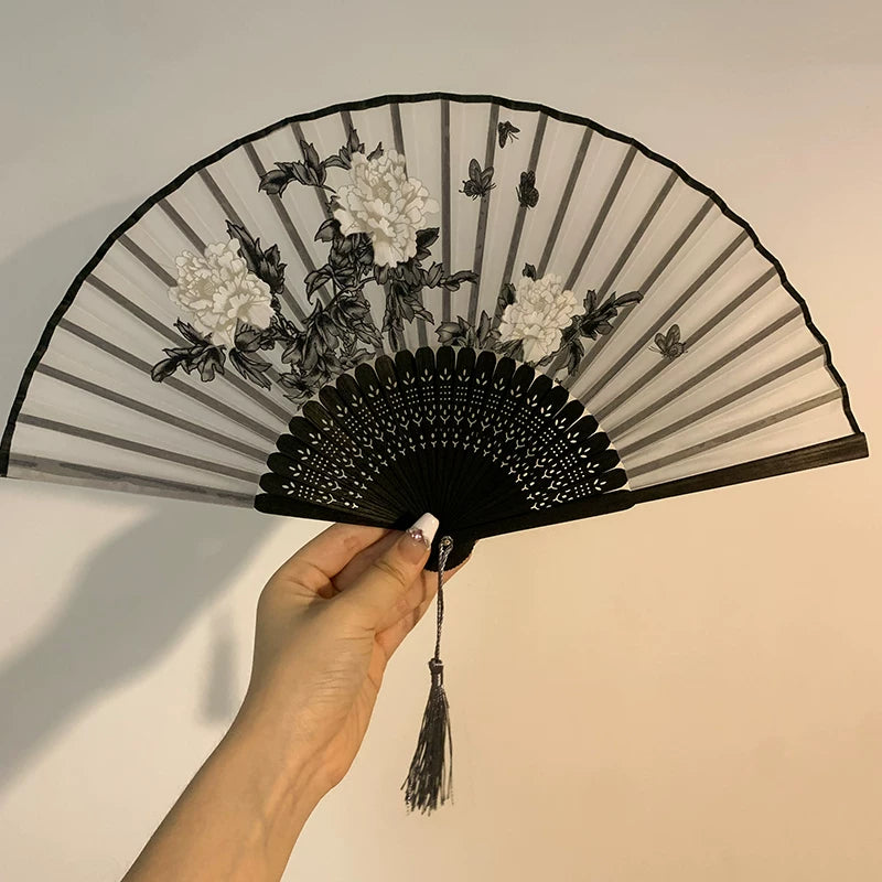 Çin üslubunda qara mürəkkəb rəsm cheongsam fanatı portativ yay antik Çin üslubunda qotaz qatlanan fan portativ Hanfu bambuk fanatı