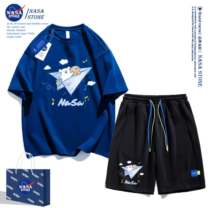 NASA kobrendli cizgi filmi qısaqol şort kostyumu 2025 yay moda markası təmiz pambıq köynək kişi və qadın idman beş nöqtəli şalvar