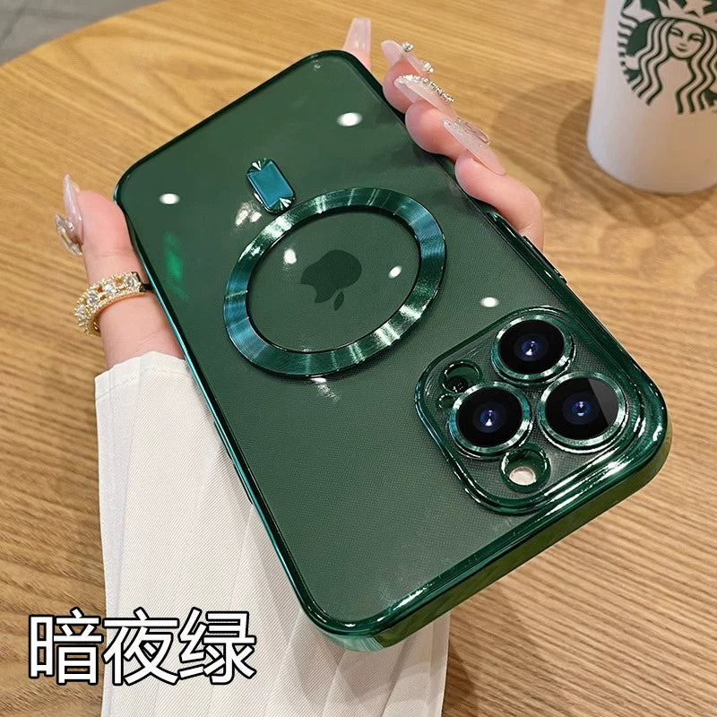 Apple iPhone 16 üçün uyğundur, iPhone 11/12/13/14 Pro Max üçün zərbəyə davamlı silikon korpus, i15 Plus üçün yeni maqnit linza tam örtük, kişilər və qadınlar üçün yüksək keyfiyyətli elektrokaplamalı cüt ultra nazik şəffaf yumşaq korpus.