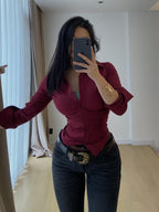 "Anqola Qırmızı Köynək, Han Jiaren Qırmızı" - Qırışlı Bel Arıqladıcı Elastik Uzunqol Köynək