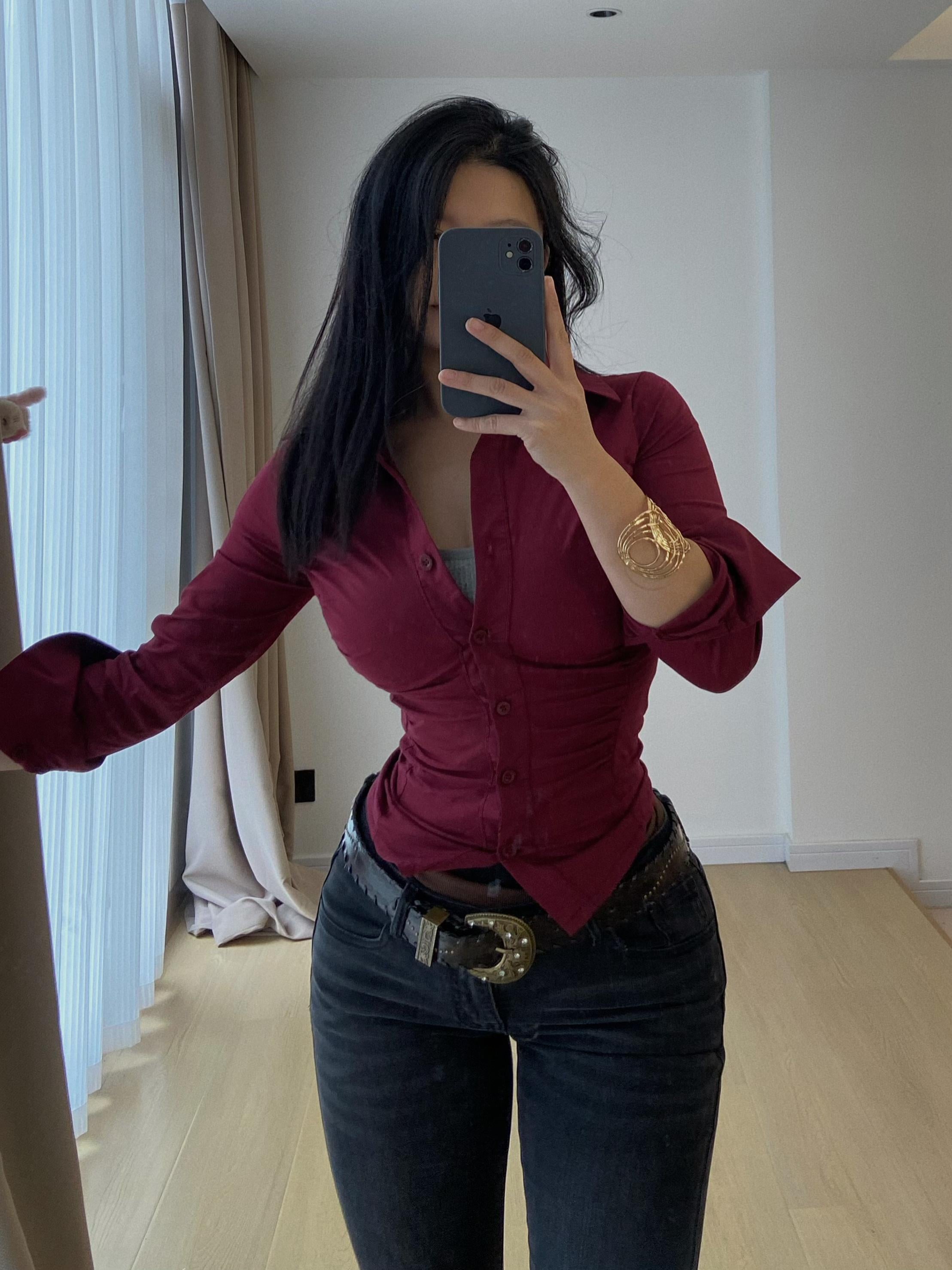 "Anqola Qırmızı Köynək, Han Jiaren Qırmızı" - Qırışlı Bel Arıqladıcı Elastik Uzunqol Köynək