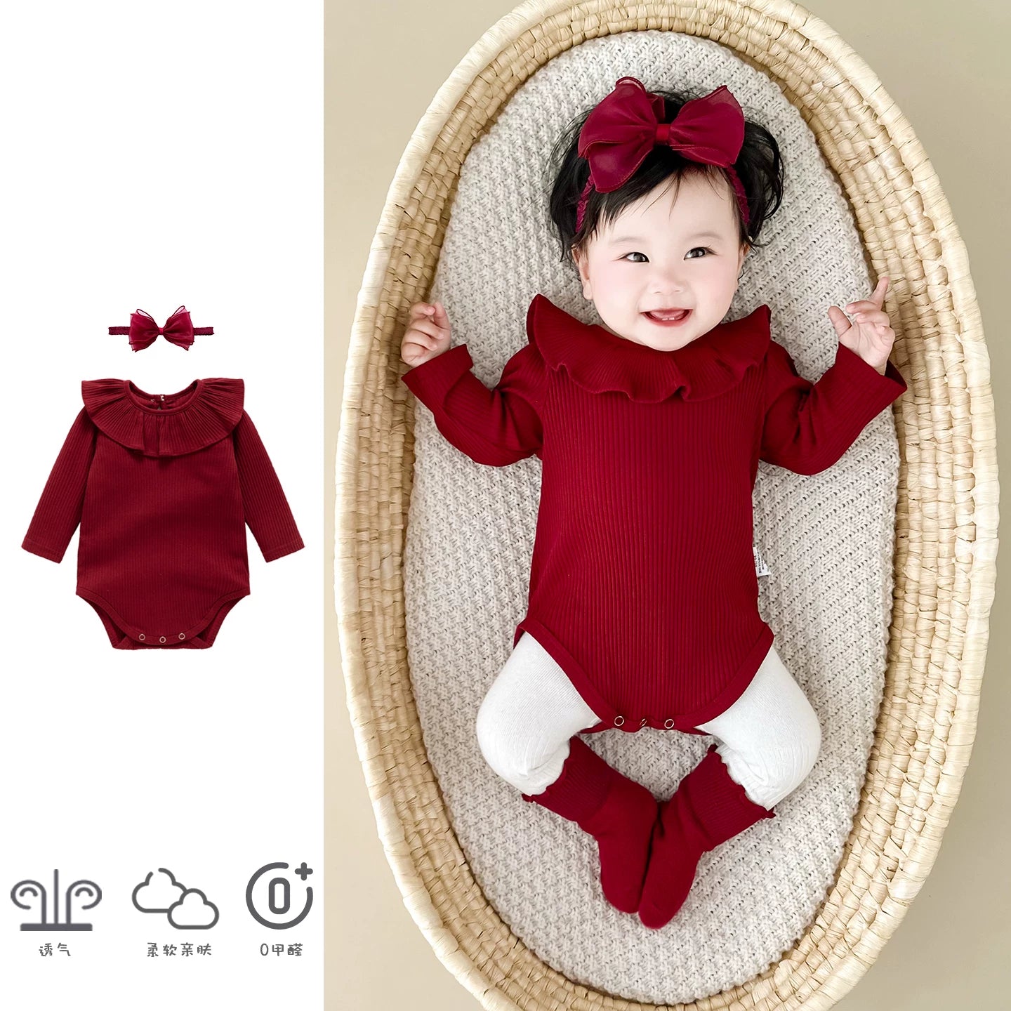 Qızlar üçün Fransız Uamtor Payız Körpə Onesi, Tam Ay/100 Günlük Şahzadə Romperi, Qırmızı Bəzəkli Kostyum