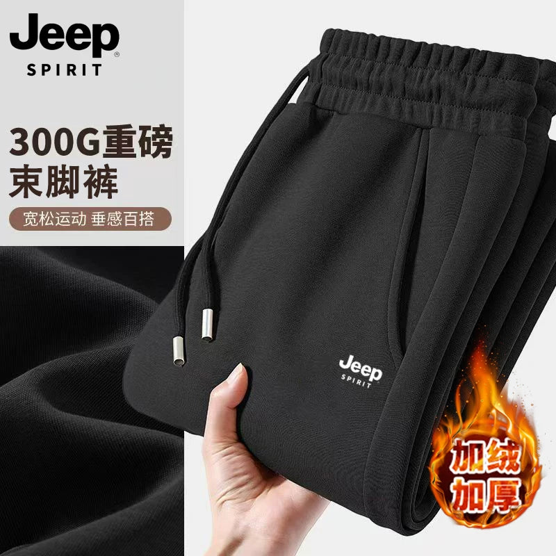 Jeep Kişi İdman Şalvarı, Payız/Qış Yun Astarlı Qalın İsti Boş Trikotaj İdman Şalvarı, Düz Ayaqlı Gündəlik Uzun Şalvar