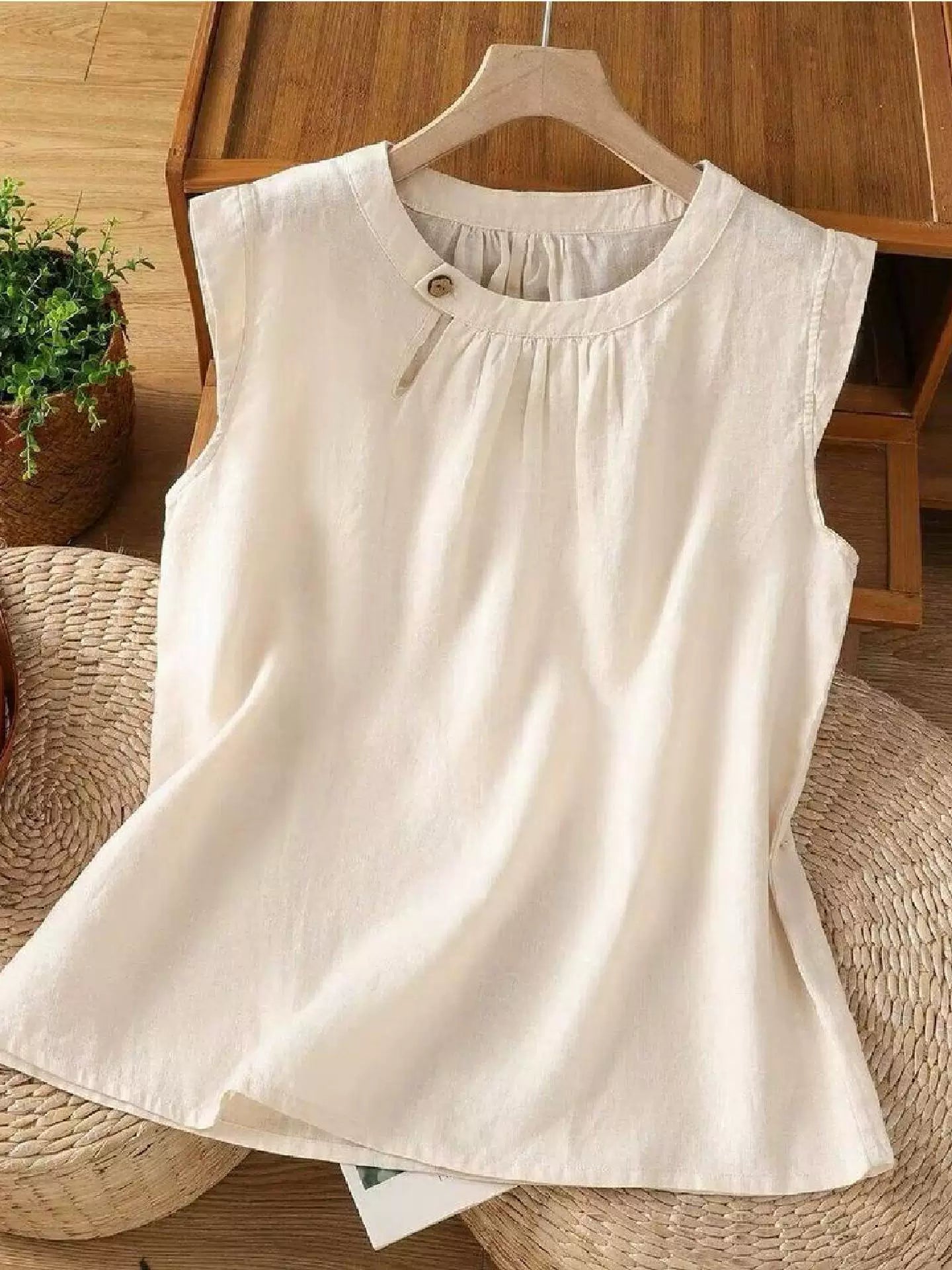 Qadınlar üçün retro qolsuz pambıq və kətan köynək yay nazik yeni Çin üslublu təsadüfi yüksək səviyyəli kətan top pullover
