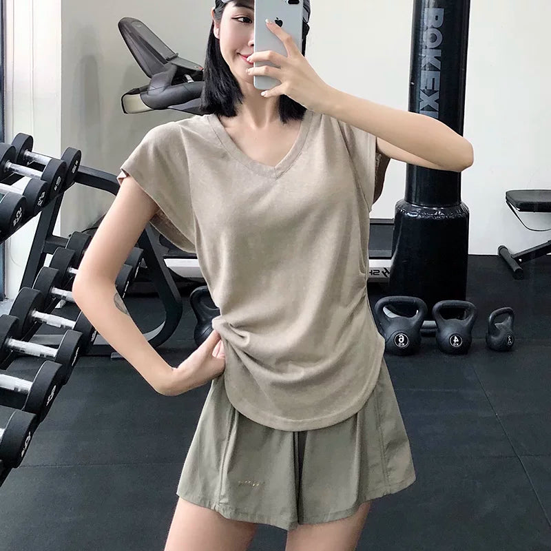[Yeni Rəng]annerunV-yaxa boş idman top qadın köynəyi yoqa geyimi, tez quruyan geyim fitnes örtüyü