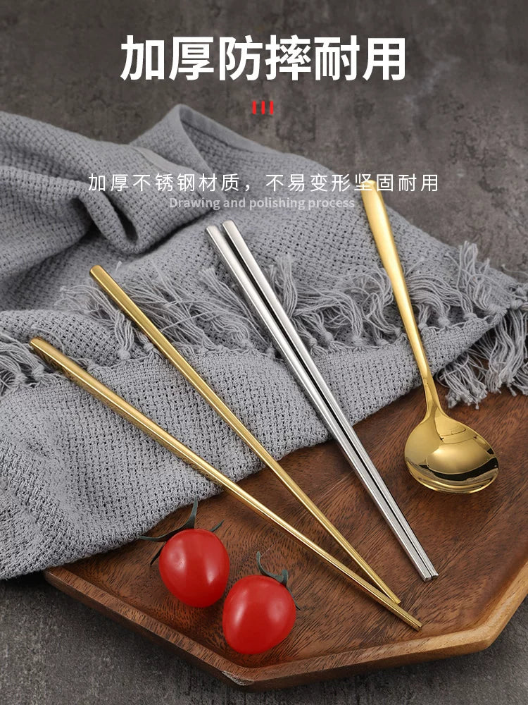 Koreya yemək çubuqları bərk düz yemək çubuqları 304 paslanmayan polad kvadrat sürüşməyən Yapon və Koreya barbekü restoranı süfrə dəsti yemək çubuqları qaşıq